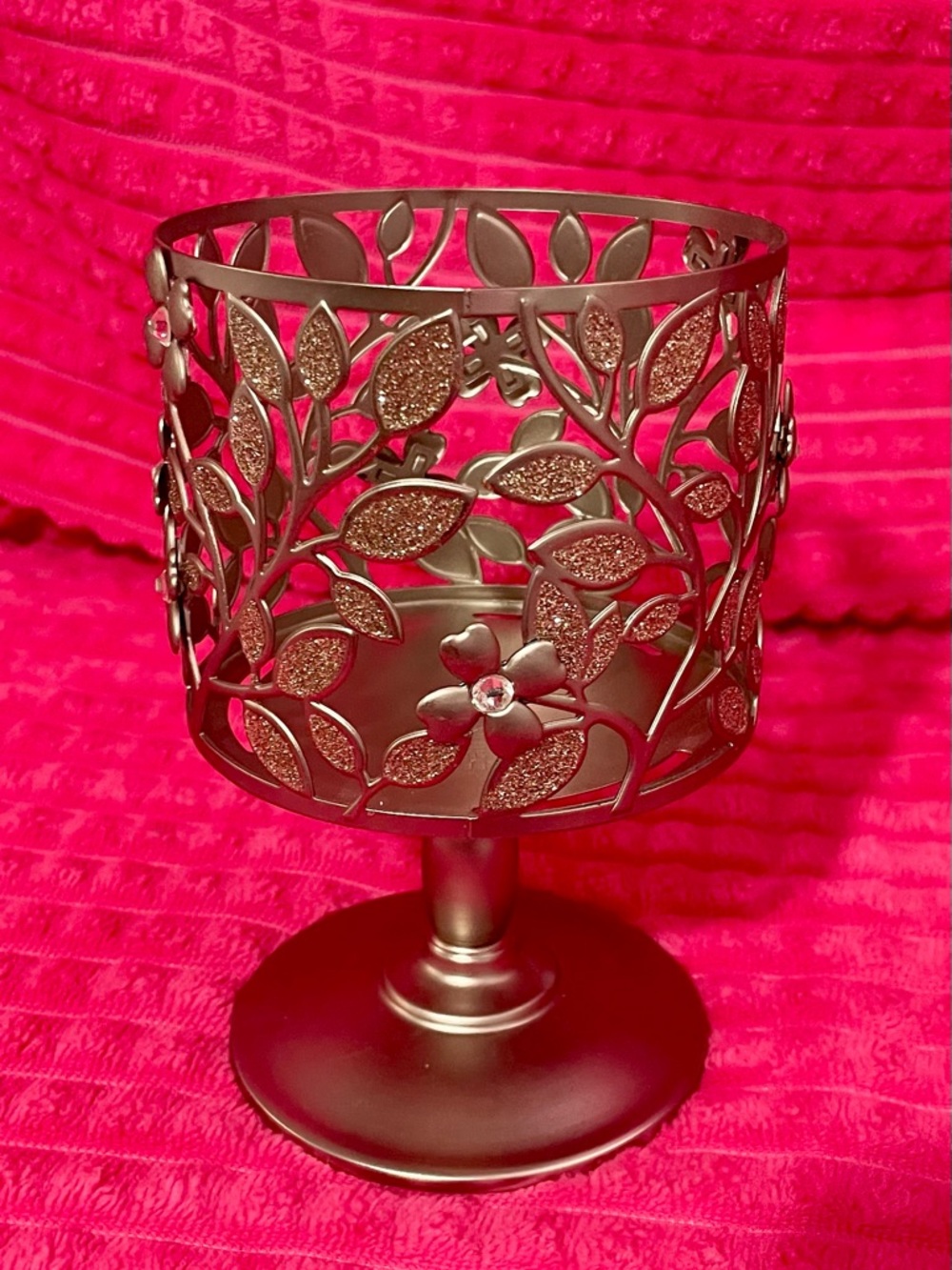 Silver Floral Glitter Cutout Pedestal Candle Holder